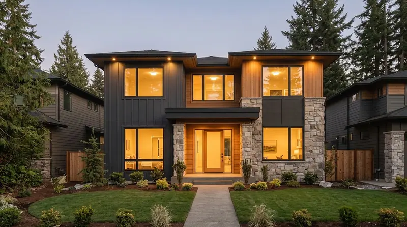 Modern two-story home with warm lights at dusk