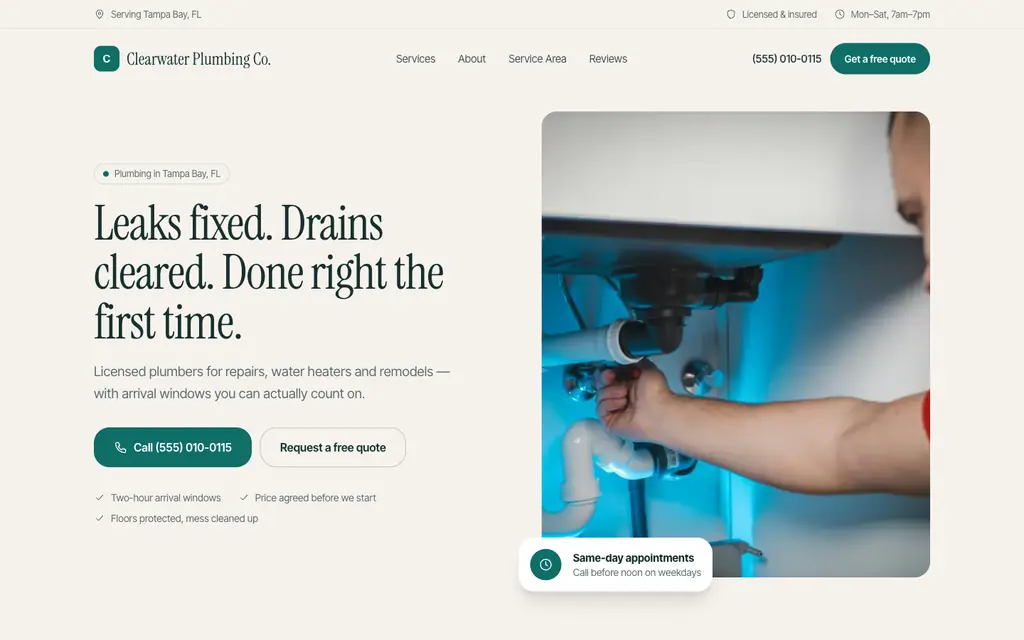 Modern contractor website concept with clear headline, call button and services