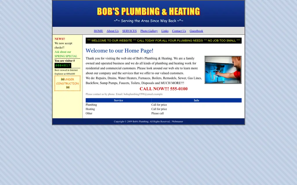 Outdated contractor website with cluttered layout, tiny photo and hard-to-find contact info