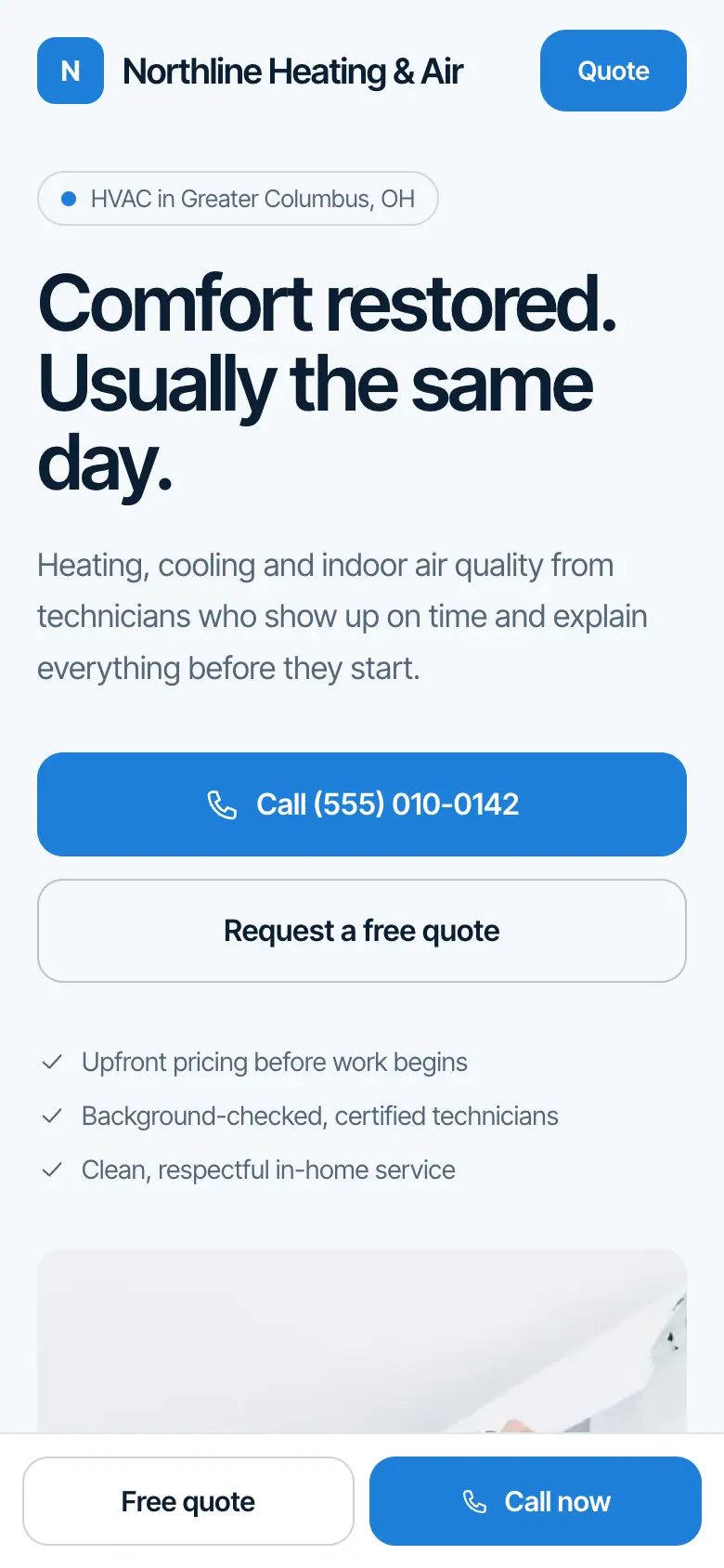 Northline Heating & Air concept — mobile view